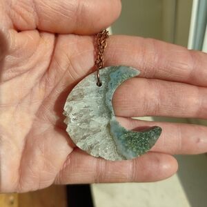 Large Quartz Crystal Moon Necklace On Copper Chain